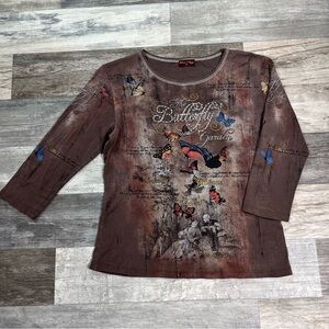 Flower N Ring butterfly art nouveau print 3/4 sleeve top